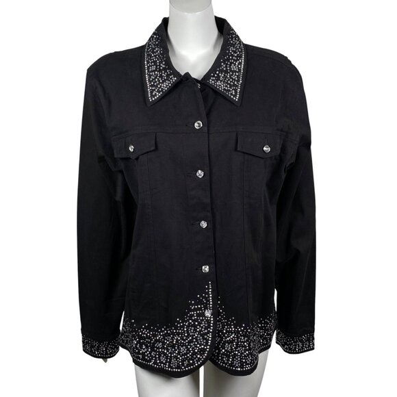 Quacker Factory Sequin Denim Jacket Womens XL Buttons Long Sleeve Stretch Black - Picture 1 of 7